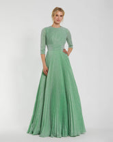 Green Pleated Shimmering 3/4 Sleeve Gown
